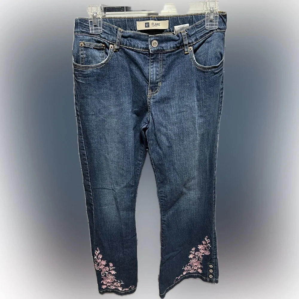 Gap Flare Blue Denim Jeans with Pink Embroidery
